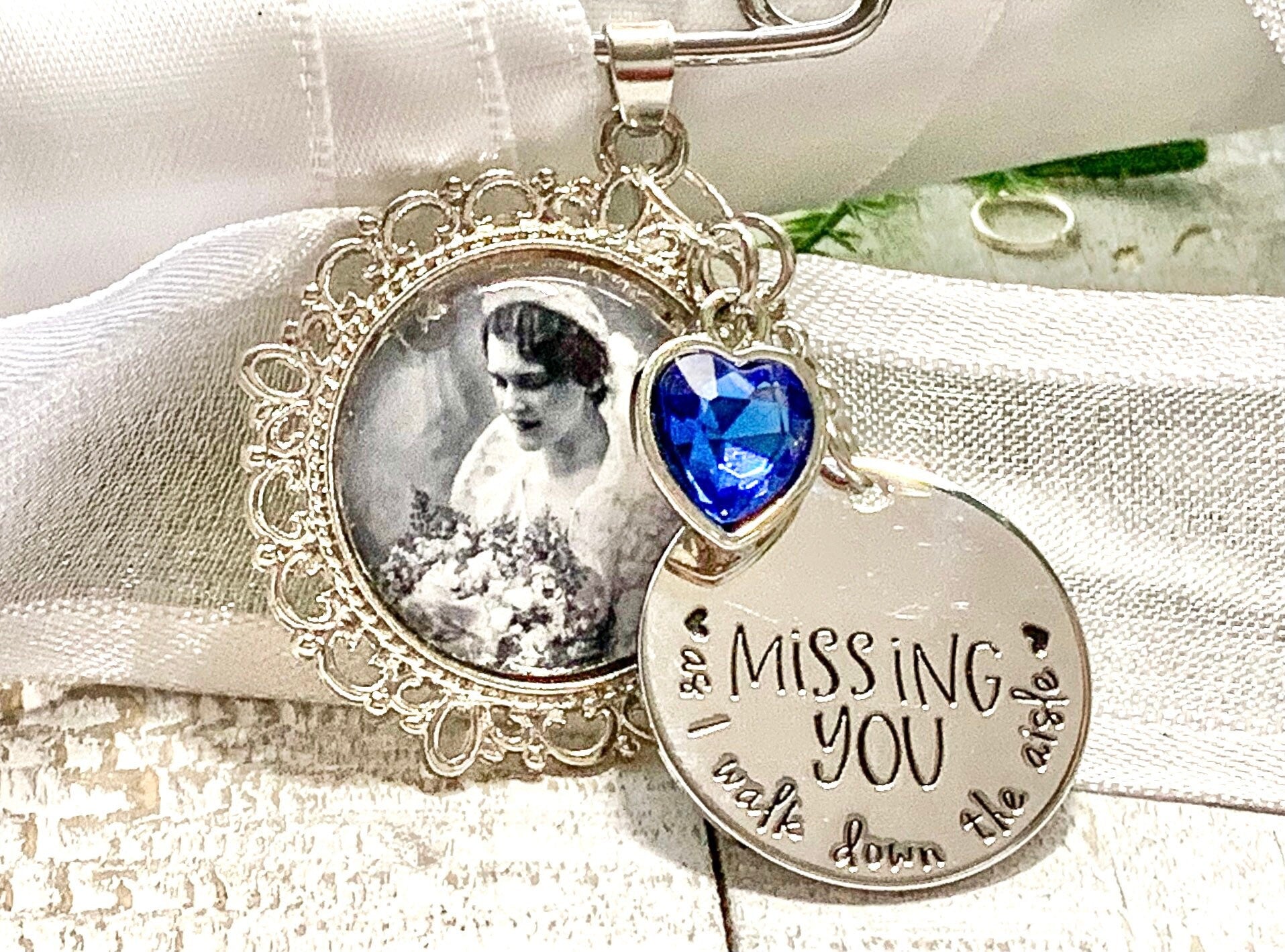 Missing you as I walk wedding photo charm blue - Perfect Pendants Plus