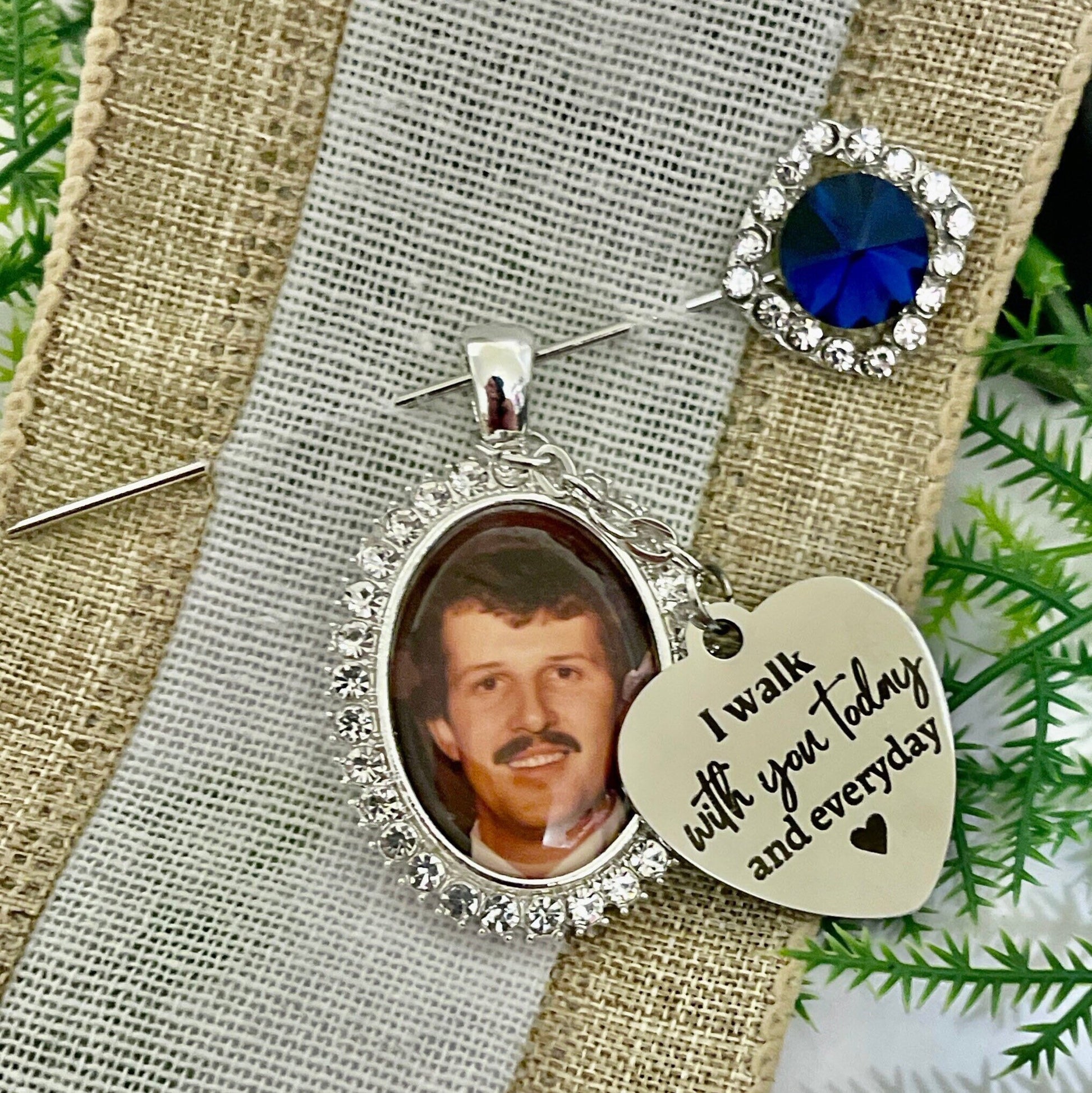 Something Blue Wedding Photo Charms & Pin Bouquet Honoring Loved Ones - Perfect Pendants Plus