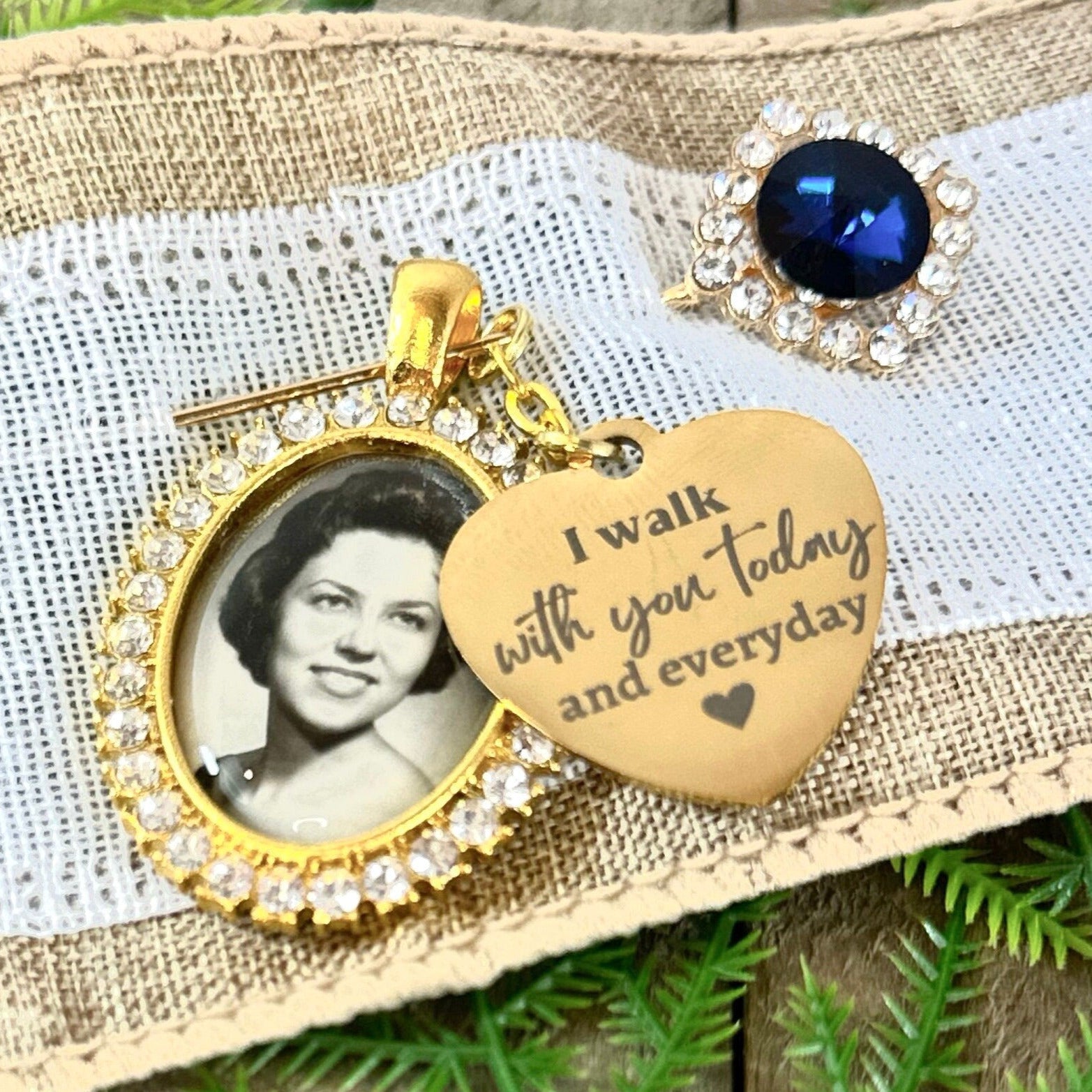 Something Blue Wedding Photo Charms & Pin Bouquet Honoring Loved Ones - Perfect Pendants Plus